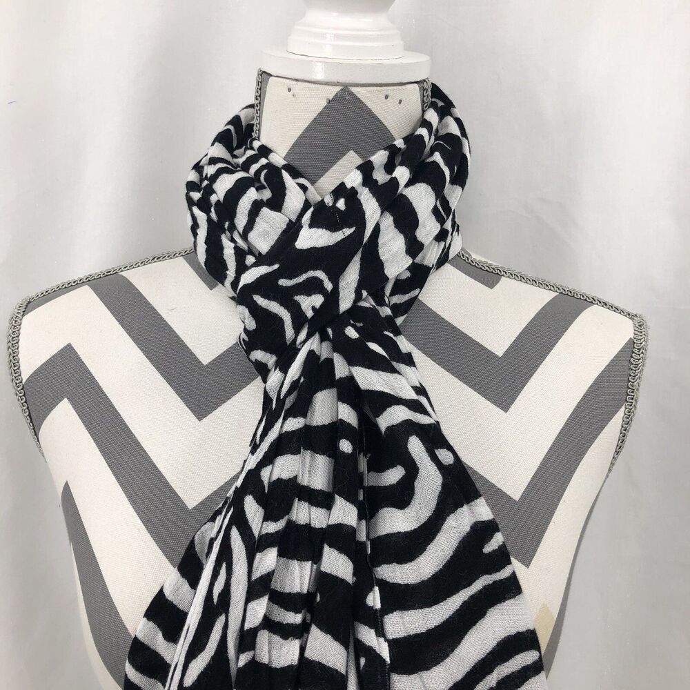 The Limited Black White Zebra Print Fringe Scarf One Size 76” X 30”